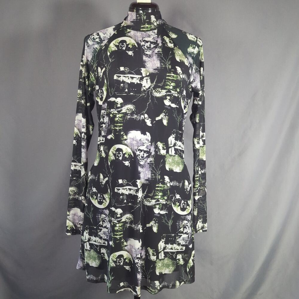NWT Universal Monsters Collage Mesh Dress S Goth Horror Halloween